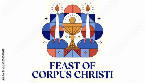 Photos A stylized graphic illustration for the Feast of Corpus Christi, featuring a chalice with a host, candles, and geometric patterns in red, blue, and gold