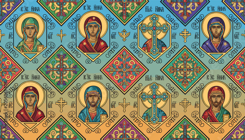 Foto Intricate Byzantine-style religious icons of Jesus and Mary, interspersed with ornate crosses and geometric patterns on a gradient background