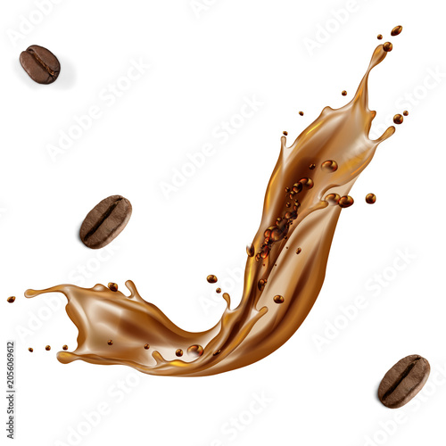 Dynamic splash of coffee with roasted coffee beans isolated on transparent background