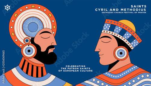 Quadro em tela Stylized illustration of Saints Cyril and Methodius, patron saints of European culture, depicted in profile with elaborate traditional attire against a blue background for an Orthodox Church festival