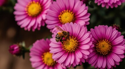 Bee on pink aster flower collecting pollen. Close-up of insect on petals. Autumn floral background. Nature scene with fauna. Macro photography detail.