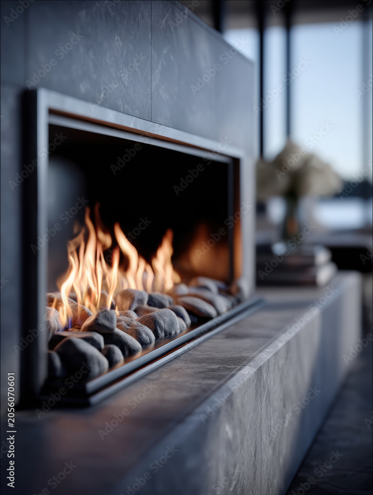 Obraz premium Modern fireplace with stone surround, warm flame, luxury interior, contemporary design, cozy atmosphere, elegant living room