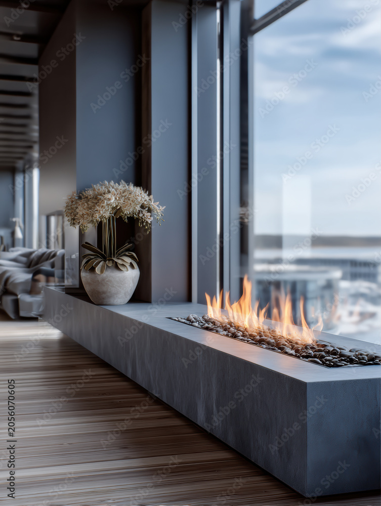 Obraz premium Modern fireplace luxury interior panoramic window city view minimalist design cozy atmosphere elegant decor wooden floor flower vase contemporary