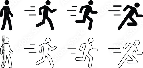 Black and White Stickman Silhouette and Outline Icon Set Showing Walking and Running Motion Progression for Sports and Fitness Designs
