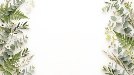 Elegant botanical composition with eucalyptus branches, fern leaves, and soft greenery positioned around the edges of a neutral background, creating generous copy space.