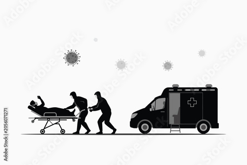 Canvastavla Emergency medical team transporting patient on stretcher to ambulance during vir