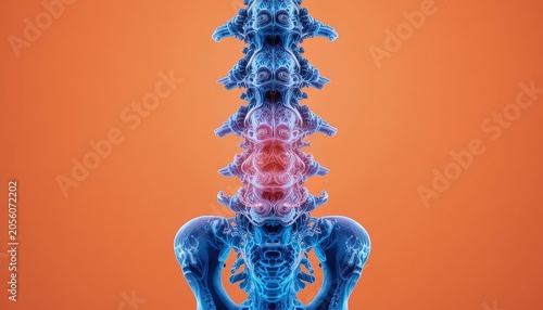 3D Human Spine X-Ray Scan with Lumbar Highlight in Blue Glow on Orange Background