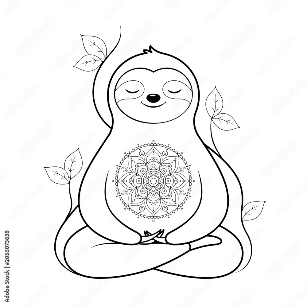 Obraz premium A cute sloth meditating in a peaceful lotus position with a beautiful mandala on its belly, perfect for mindfulness and self care practice.