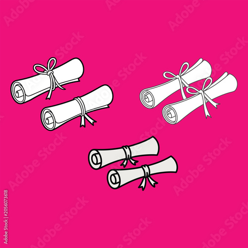 Graduation Diploma Scrolls Vector Illustration On Bright Pink Background White Rolled Certificates With Ribbons