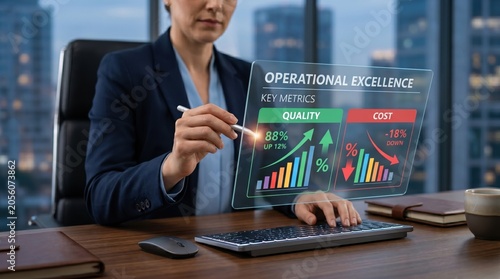 Professional woman analyzing operational excellence key metrics on virtual screen, quality improvement and cost reduction business strategy concept