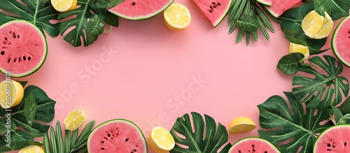 Watermelon, lemon slices and tropical leaves framing empty space for text, summer concept