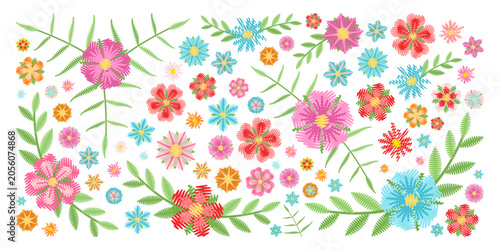 Rectangular embroidery pattern with flowers and leaves on white background. Vector image.
