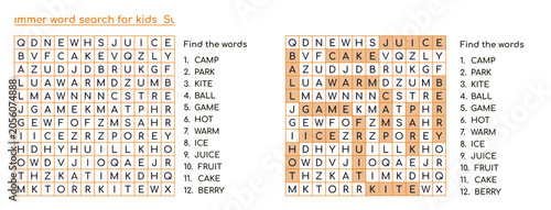 Word search puzzle with the decision for kids with fruits and games to find, Summer  