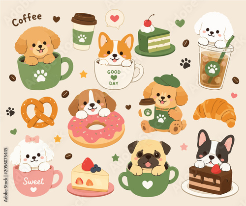 Cute Kawaii Puppy Café Sticker Sheet with Coffee, Desserts, and Sweet Treats – Flat Vector Illustration