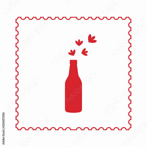 Minimalist red graphic illustration of a bottle releasing small heart symbols inside a postage stamp style frame