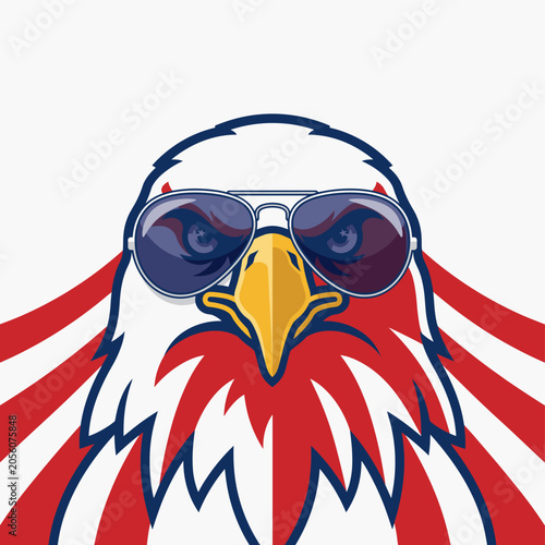 A cool bald eagle wearing aviator sunglasses against a patriotic red white and blue background representing American freedom.