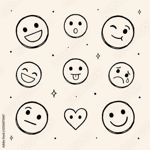 A set of hand drawn doodle emojis showcasing various expressive icons for modern digital communication and social media design.