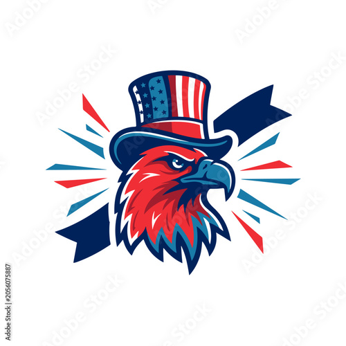 A fierce eagle mascot with a resolute expression wearing a stars and stripes top hat symbolizing American patriotism and national pride