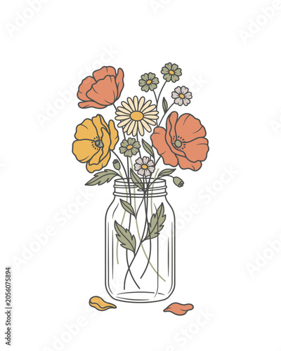 A charming hand-drawn illustration featuring a rustic glass mason jar filled with a colorful bouquet of delicate wildflowers