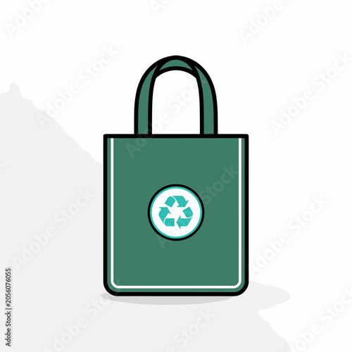 A flat illustration of a dark green eco-friendly shopping bag displaying a circular white recycling symbol for plastic-free living