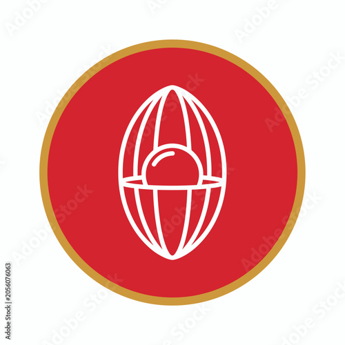 Minimalist graphic icon of a solid pearl centered inside an abstract structural wireframe oval on a red circular background
