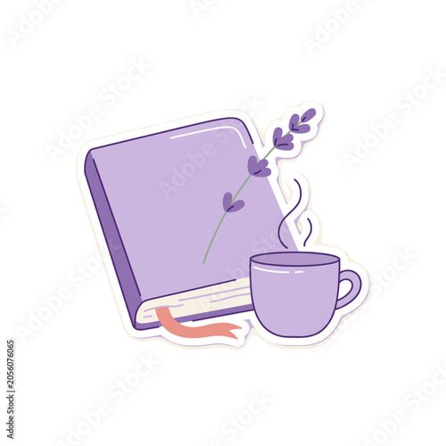 A cozy illustration of a purple book with a sprig of lavender and a steaming cup of tea for international self care day relaxation