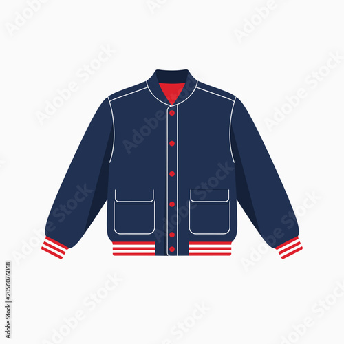 A flat vector illustration of a classic navy blue varsity jacket with red buttons and striped ribbed cuffs for American patriotism themes