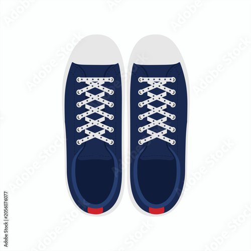A pair of top view dark blue flat sneakers with star patterned laces depicting red white and blue colors for US Independence Day