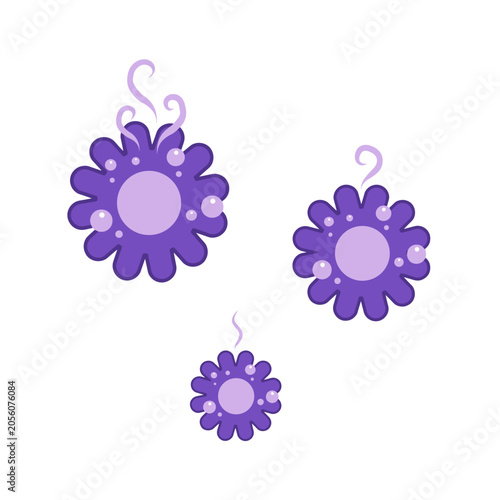 A set of cartoon illustrations featuring purple flower-shaped icons with bubbles and swirling steam lines on a white background