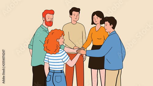 A diverse group of five people standing in a circle with their hands stacked on top of each other in a symbol of teamwork and unity