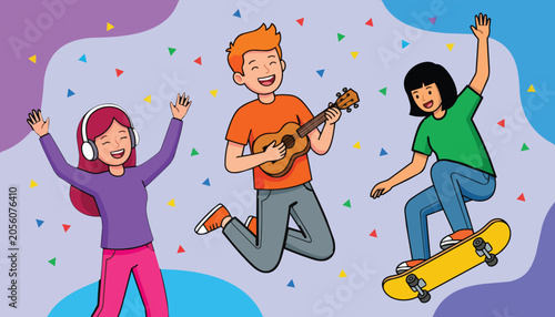 Cartoon illustration of happy teenagers having fun with music and skateboard in colorful background with confetti