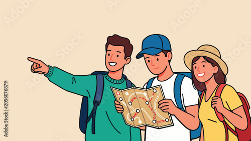 Three friends planning a trip together looking at a map and pointing