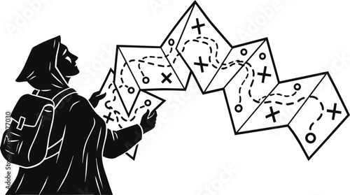 A hooded figure in a long coat holds and examines multiple maps with various symbols and markings on them