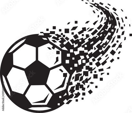 Photos Fast-moving soccer ball disintegrating into a trail of small geometric fragments depicting speed dynamism and high energy in sport