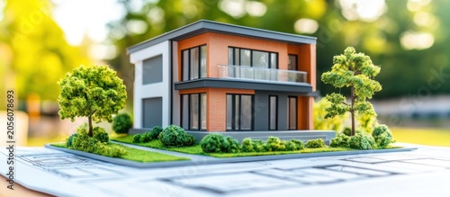 Model home on blueprint with green landscaping