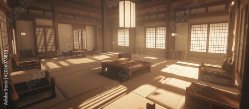 Sunlit Japanese-style room interior, tatami mats, game design