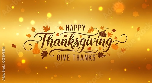 Happy Thanksgiving greeting card with autumn leaves and pumpkins on golden background