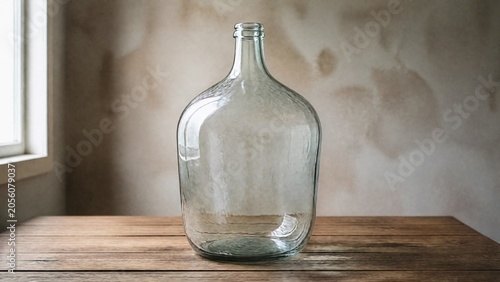 demijohn. Large glass carboy on rustic wood table, home brewing storage concept. bar promotions, beverage menus, designed for food & beverage menus and cafe branding.