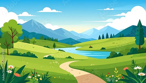A serene landscape with a winding path through a green valley