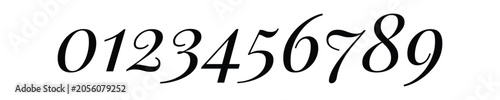 A Set of hand drawn numbers from 0 to 9, elegant beautiful calligraphic script font, decorative numerals number in black color style.  