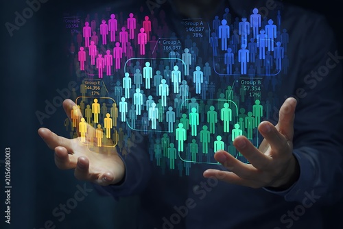 Cluster analysis in marketing and statistical data. Customer segmentation strategy. Marketer analyzing the target market.