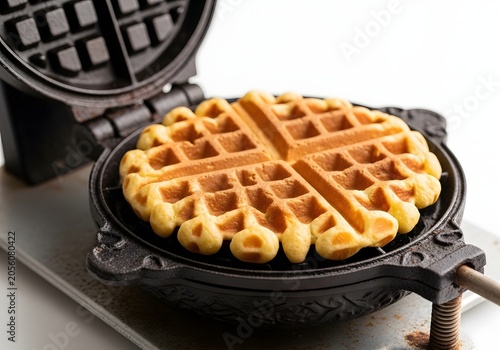 Golden-brown circular breakfast waffle is freshly prepared inside an antique cast iron circular waffle maker, showcasing a delightful culinary creation for morning enjoyment and family