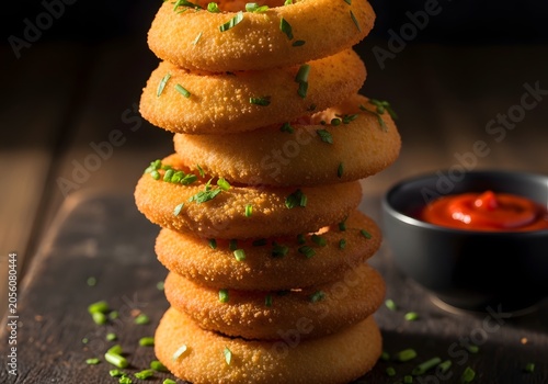 A towering stack of golden crispy savory onion rings, freshly fried and seasoned with vibrant green chives, presented beside a rich red tomato dipping sauce in a dark bowl, evoking delicious