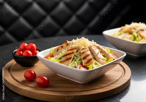 Gourmet grilled chicken Caesar salad bursting with fresh romaine lettuce, cherry tomatoes, and shredded cheese, presented artfully in a square bowl with a wooden board and dark textured setting