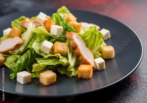 A hearty grilled chicken Caesar salad arrangement featuring crisp romaine lettuce, savory croutons, and cubed feta cheese, presented appetizingly on a dark plate across a textured surface, ready