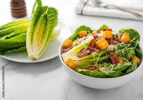 Gourmet Caesar salad artfully prepared with crisp romaine leaves, savory bacon bits, crunchy croutons, and freshly grated Parmesan cheese, served in an appetizing ceramic bowl alongside fresh