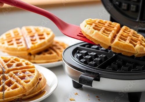 A red spatula lifts a recently prepared golden-brown waffle from a waffle maker, with several finished waffles already artfully arranged on nearby plates, suggesting a delicious breakfast