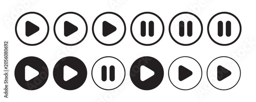 Photos Collection of black circular media control icons for play and pause functions on digital UI interfaces