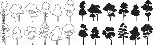Fotografija Tree silhouette icon set featuring diverse forest and plant shapes in outline and solid styles for nature themed design and landscape concepts