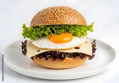 Delicious savory homemade hamburger featuring a fried egg, melty cheese, crisp lettuce, and fresh seasonings nestled within a toasted seeded bun, beautifully presented on a smooth white plate